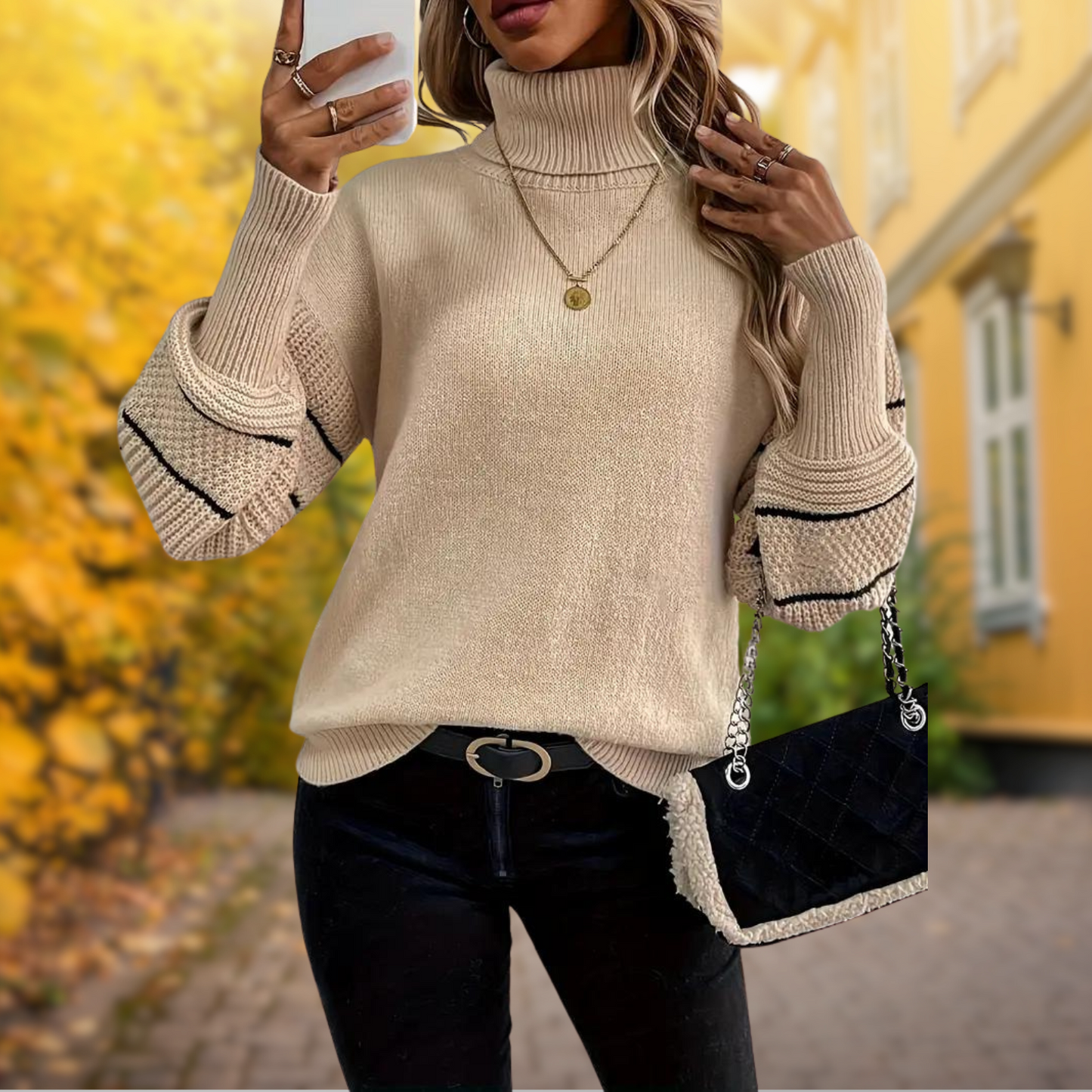 Stelle | Pull à col roulé tricoté avec manches rayées – Élégance et chaleur