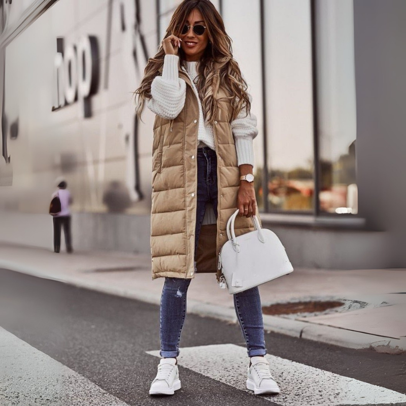 Fortunée | Long Hooded Quilted Vest Femme Hiver sans Manches avec Capuche et Design Matelassé