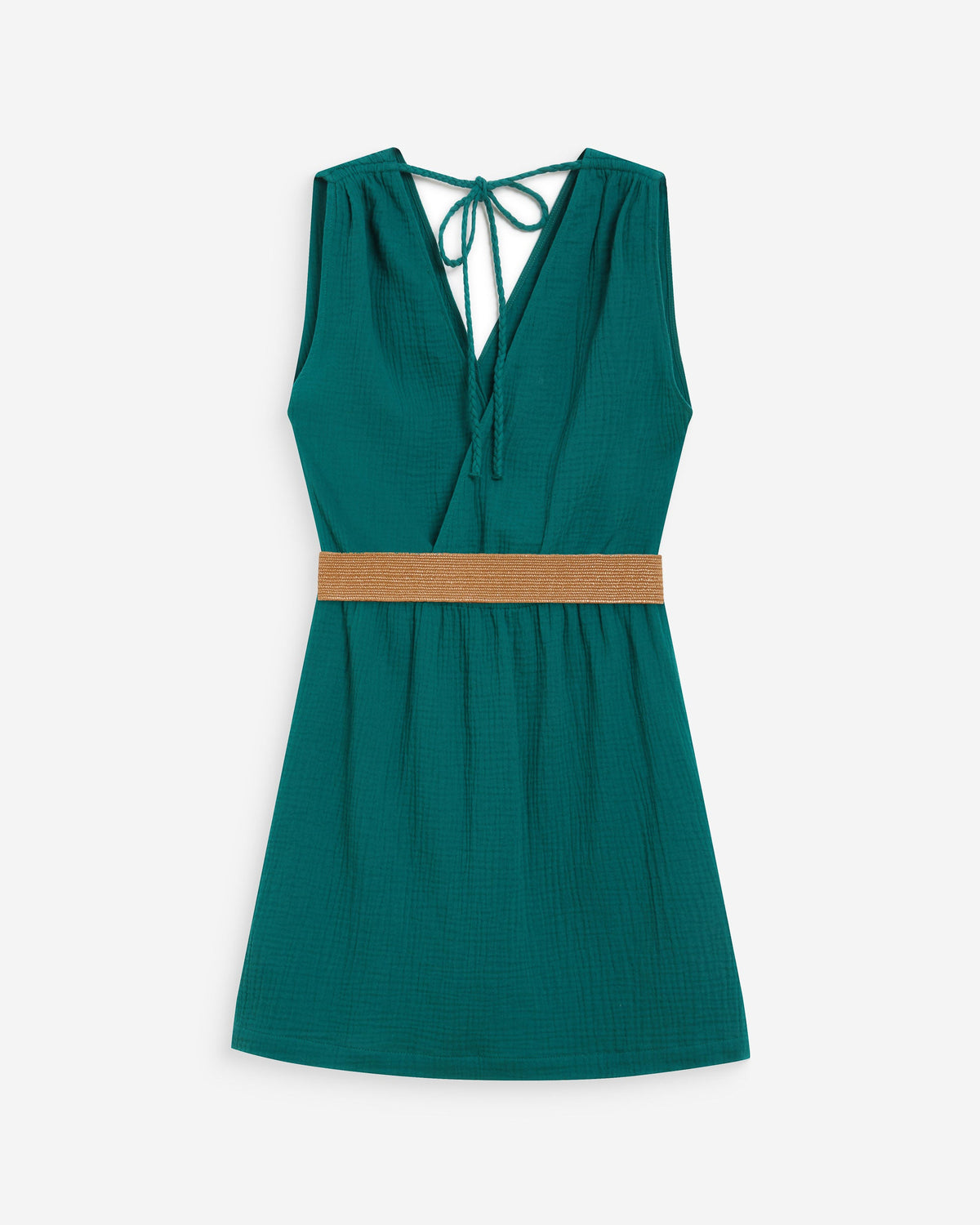 Robe courte en gaze de coton ceinturée emeraude Wrenna