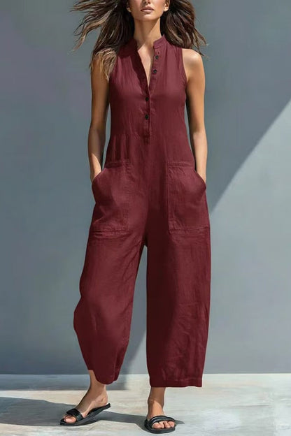 Eloïse™ | Combinaison minimaliste sans manches pour femme, avec col montant et patte boutonnée
