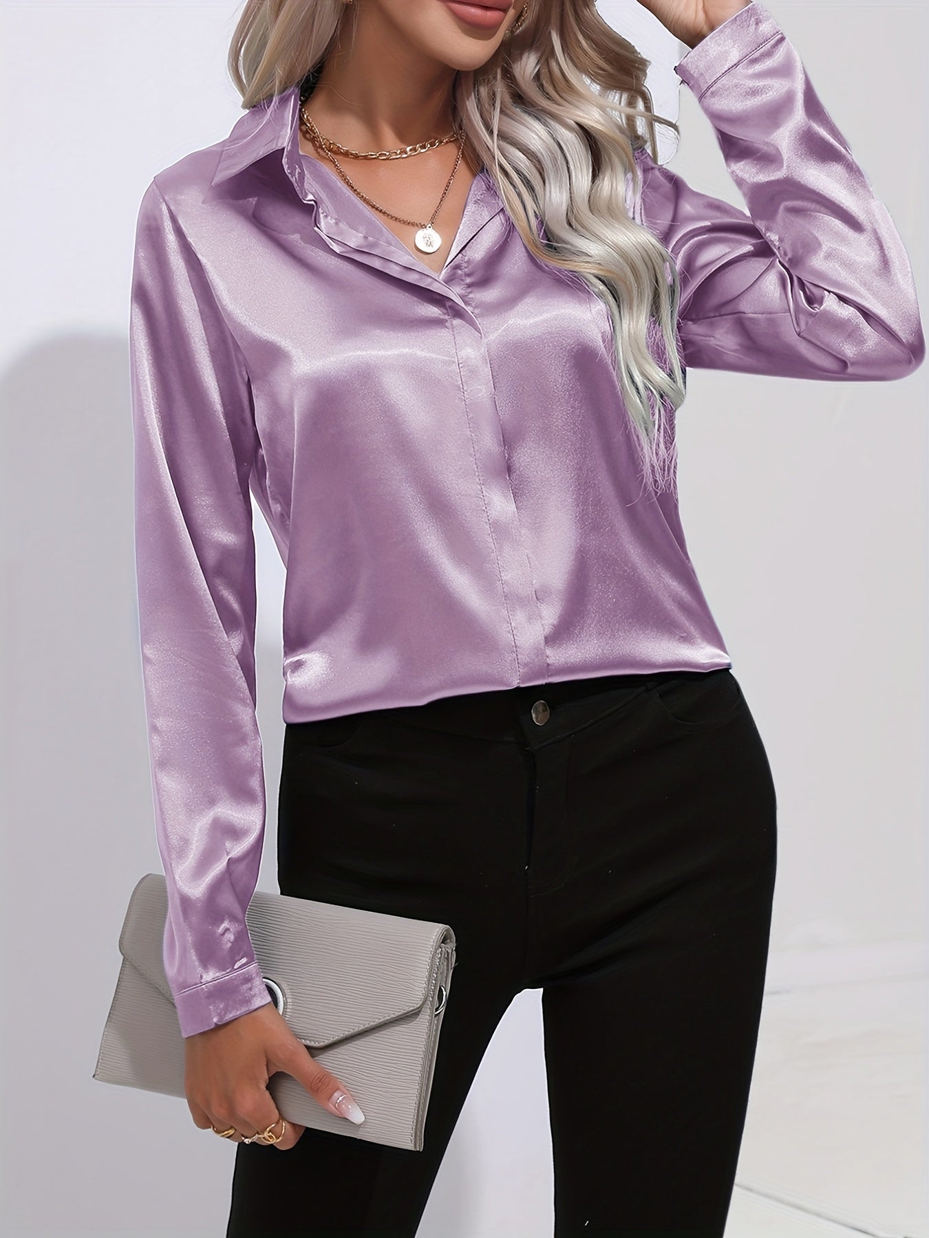 Ardeline | Blouse Satinée Femme Unie Col Revers Boutonnée Manches Longues