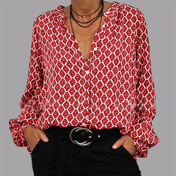 Esthélia | Blouse Femme Manches Longues Col V Motif Géométrique Coupe Ample