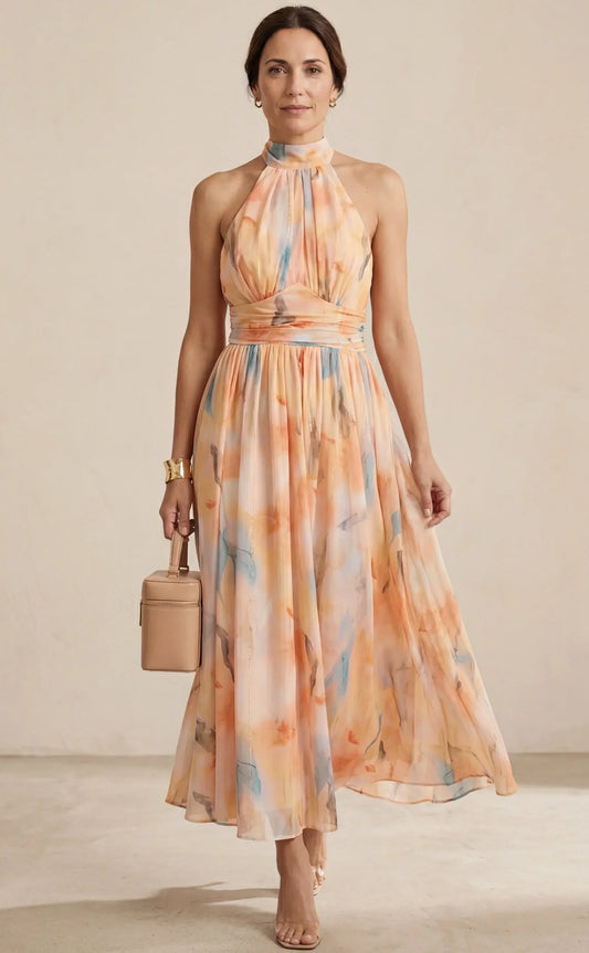 Esther | Robe à Col Halter avec Imprimé Aquarelle