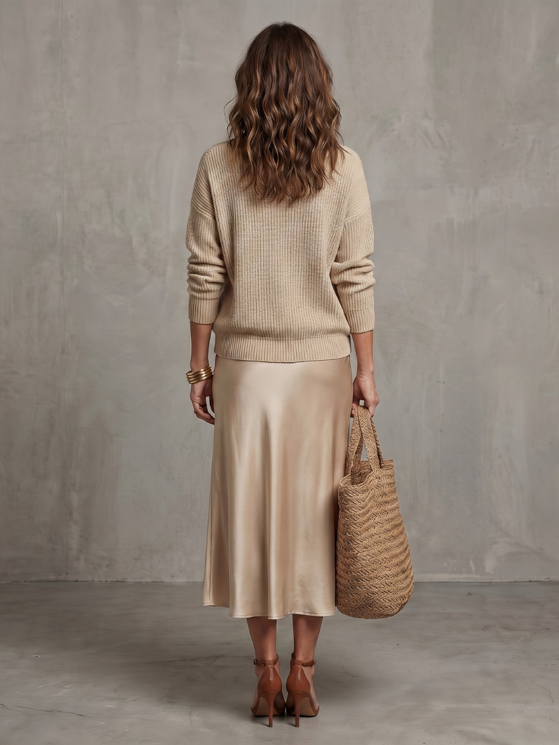 Luciana | Ensemble Jupe Satinée Biais et Pull Tricoté