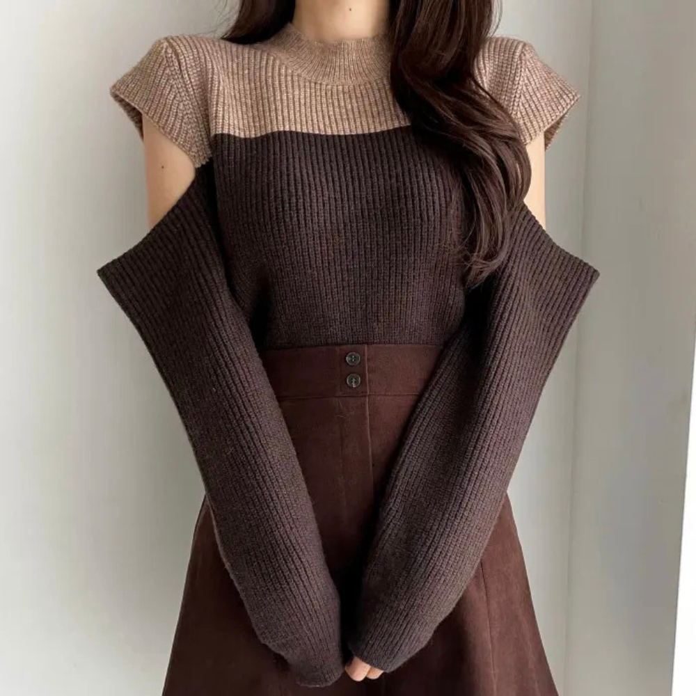 Rosette | Pull Femme Bicolore en Maille avec Manches Découpées et Col Rond Chic