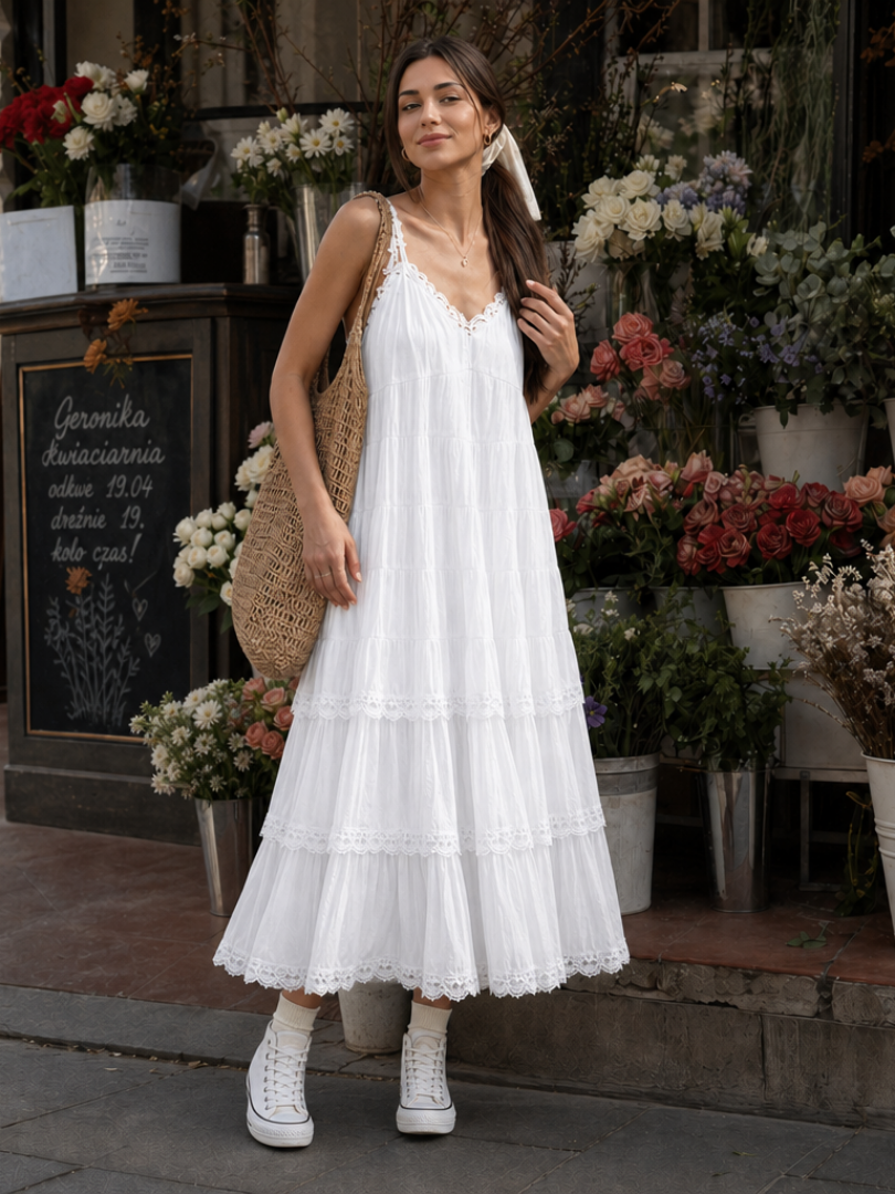 Lorelei | Robe Midi à Bretelles Spaghetti avec Couches en Dentelle Étagées