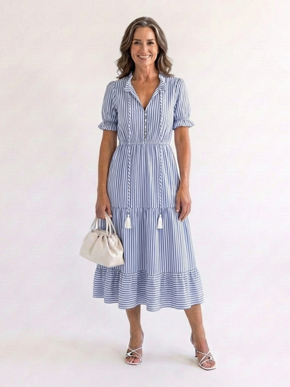 Dakota | Robe Midi à Manches Courtes Rayée à Volants