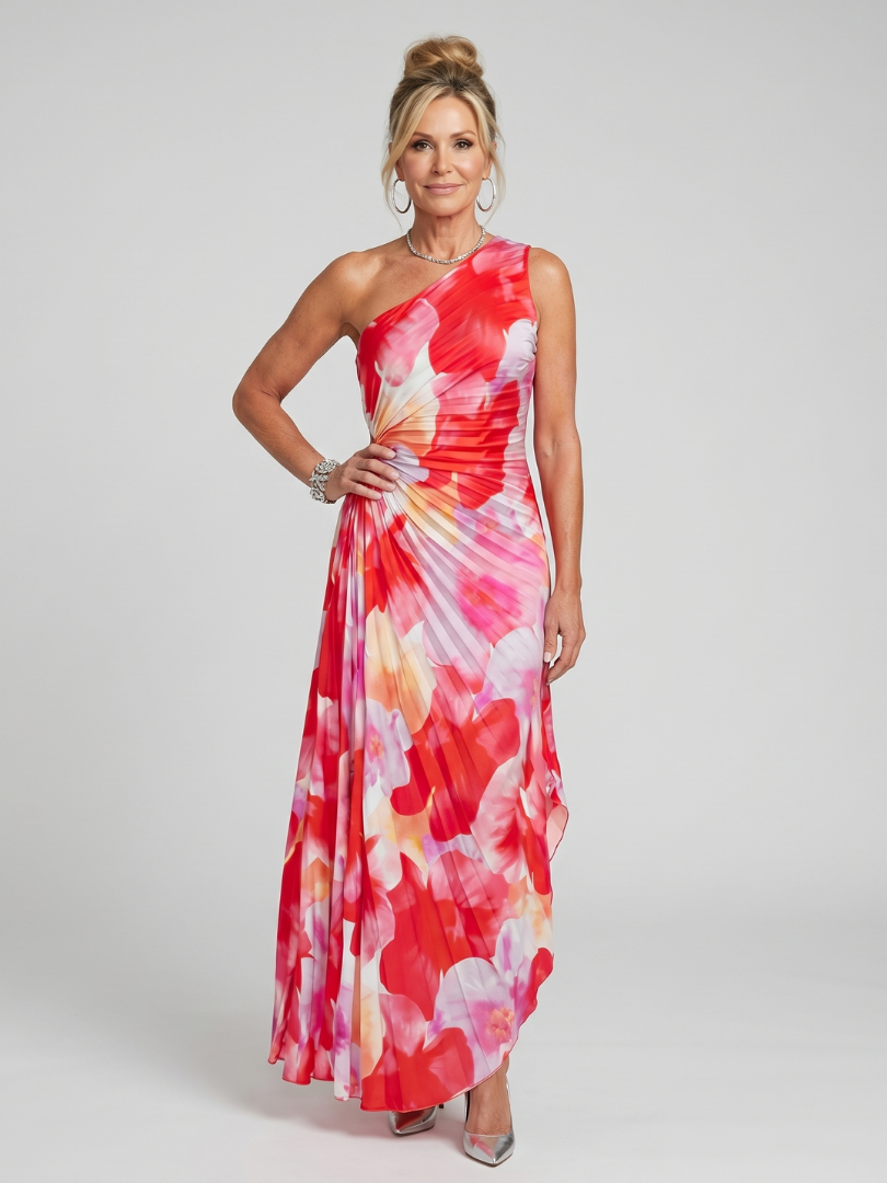 Taya | Robe Midi à Épaule Unique avec Corsage Plissé