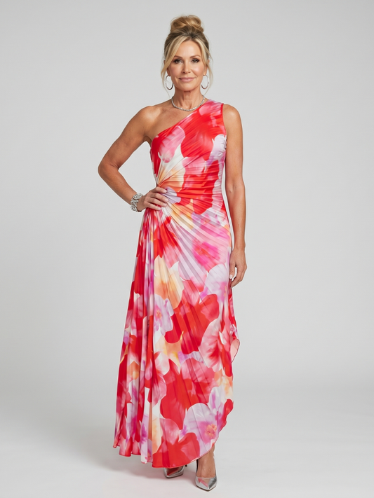 Taya | Robe Midi à Épaule Unique avec Corsage Plissé