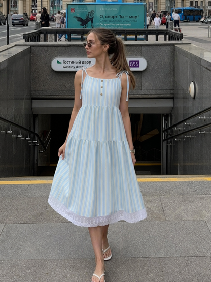 Nathalia | Robe Midi à Bretelles Lien Sans Manches à Rayures