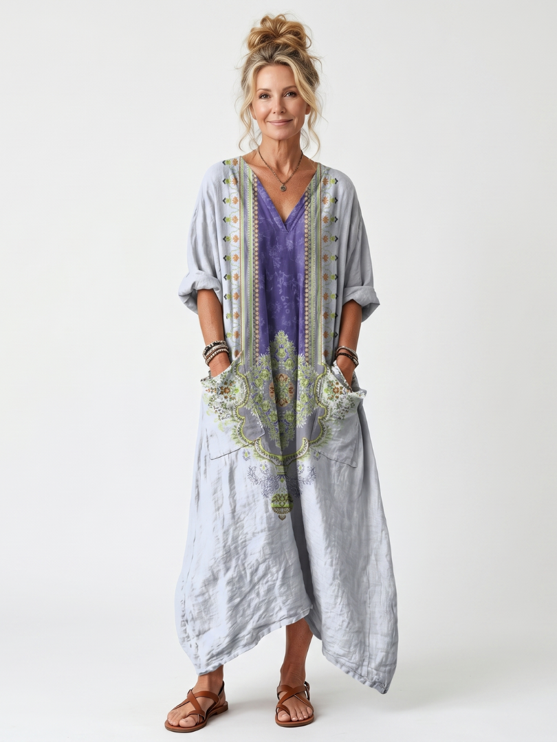 Raina | Robe midi oversized avec panneaux contrastés et broderies