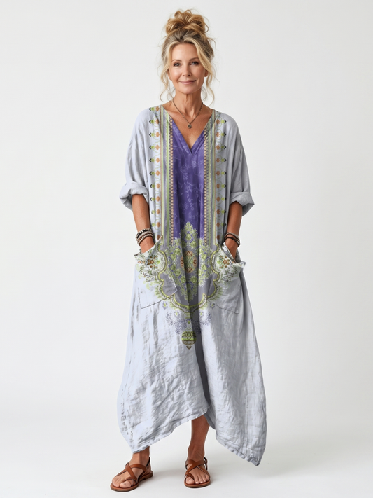 Raina | Robe midi oversized avec panneaux contrastés et broderies