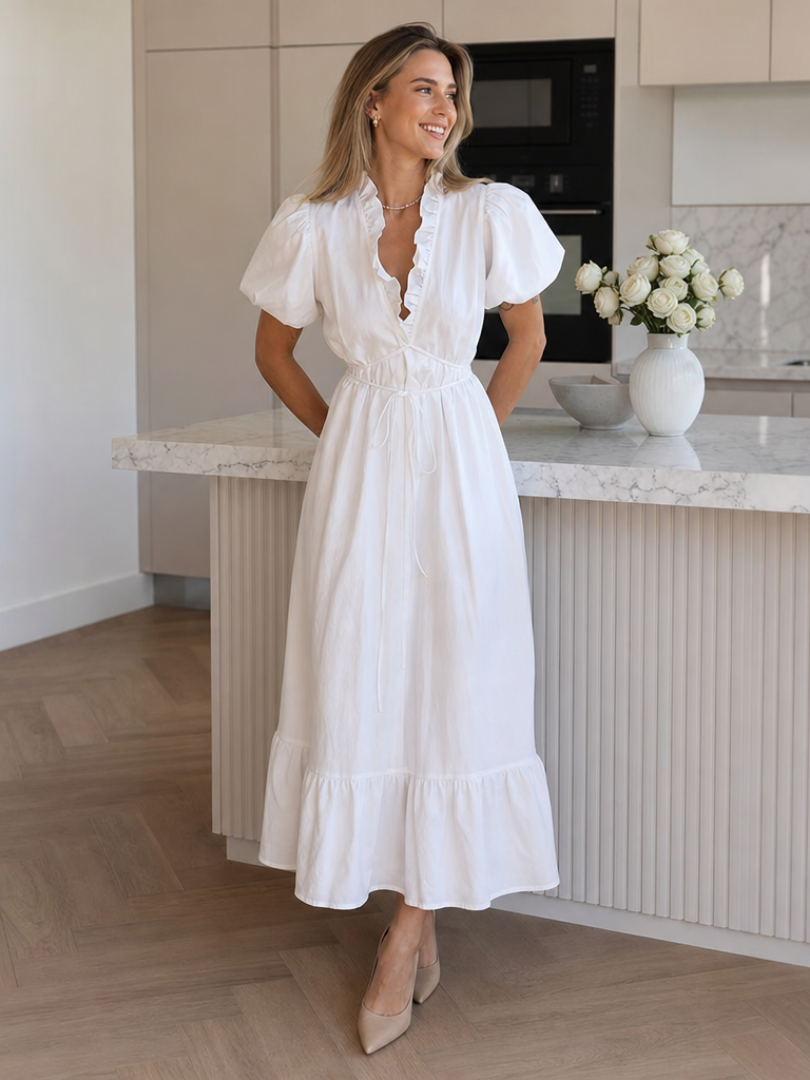 Okea | Robe midi à manches courtes bouffantes et ceinture