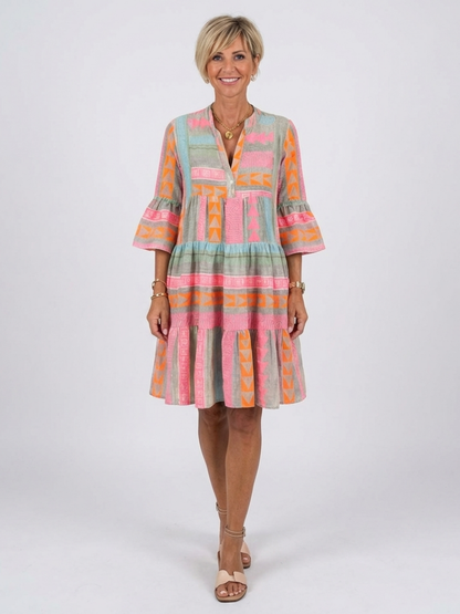Maelle | Robe à Imprimé Géométrique avec Décolleté en V et Jupe Étagée à Longueur Genou