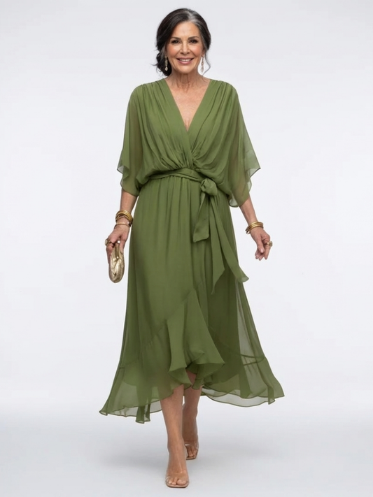 Elysia | Robe Midi Drapée à Encolure en V avec Ceinture