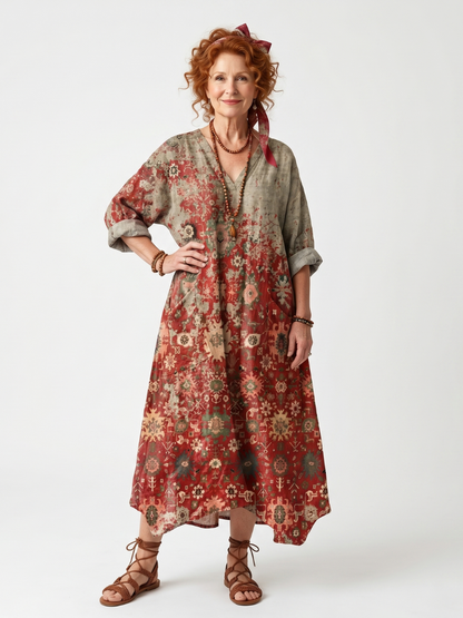 Safran | Robe Midi Relaxed à Poches et Motifs Mixtes