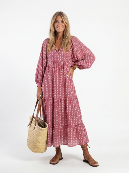 Arlette | Robe Midi à Imprimé Géométrique à Manches Longues
