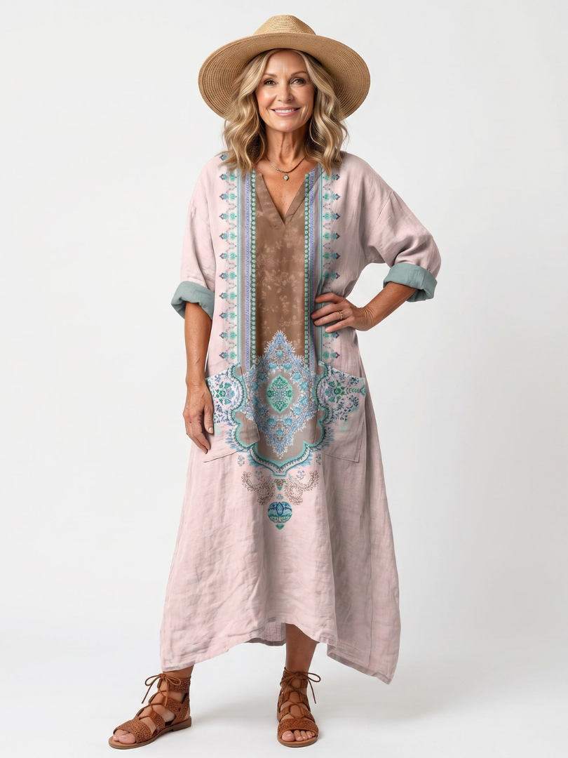 Kenza | Robe Midi Relaxed avec Panneaux Brodés et Poches