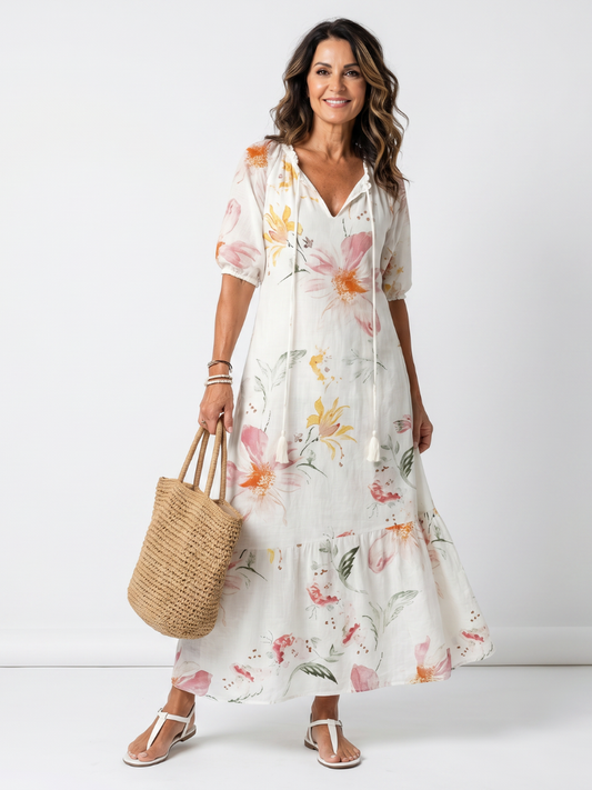 Noa | Robe Midi à Volants Florale Douce avec Franges