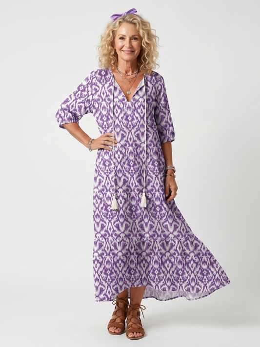 Pénélope | Robe midi à imprimé et liens à franges