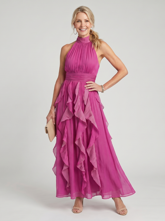 Orea | Robe Maxi à Encolure Haute avec Volants Rassemblés