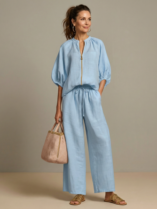 Natalia | Haut Blouson à Zip Avant Ensemble Pantalon Large