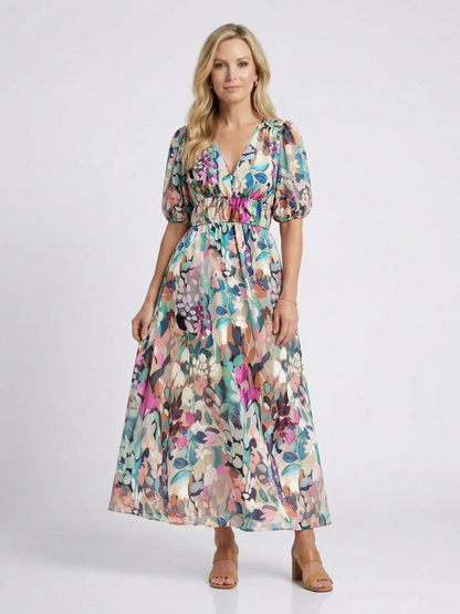 Eulalie | Robe midi à manches courtes et taille froncée en V
