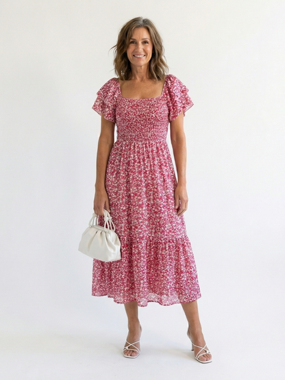 Odette | Robe Midi Smockée à Fleurs à Épaule Dégagée