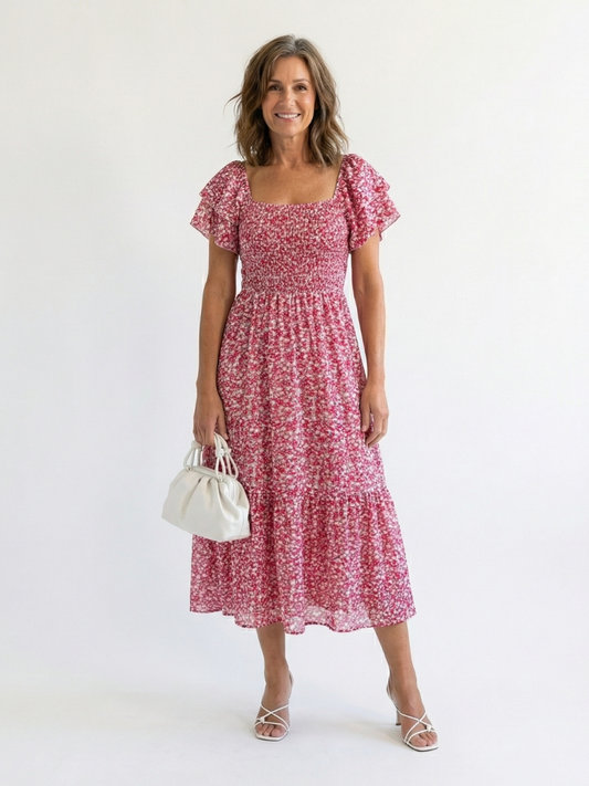 Odette | Robe Midi Smockée à Fleurs à Épaule Dégagée