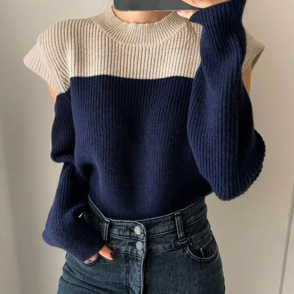Rosette | Pull Femme Bicolore en Maille avec Manches Découpées et Col Rond Chic