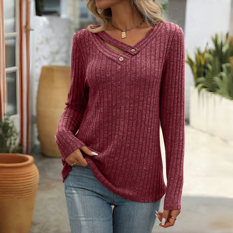 Eulalise | Pull élégant uni à col en V avec détails boutonnés pour femme