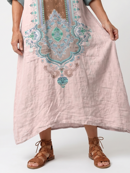 Kenza | Robe Midi Relaxed avec Panneaux Brodés et Poches