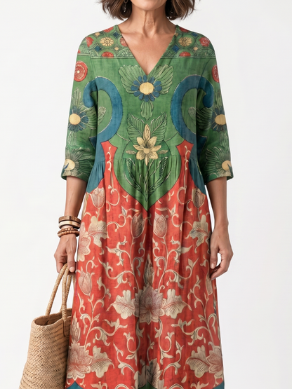Sloane | Robe Midi à Imprimé Mixte avec Col V et Poches