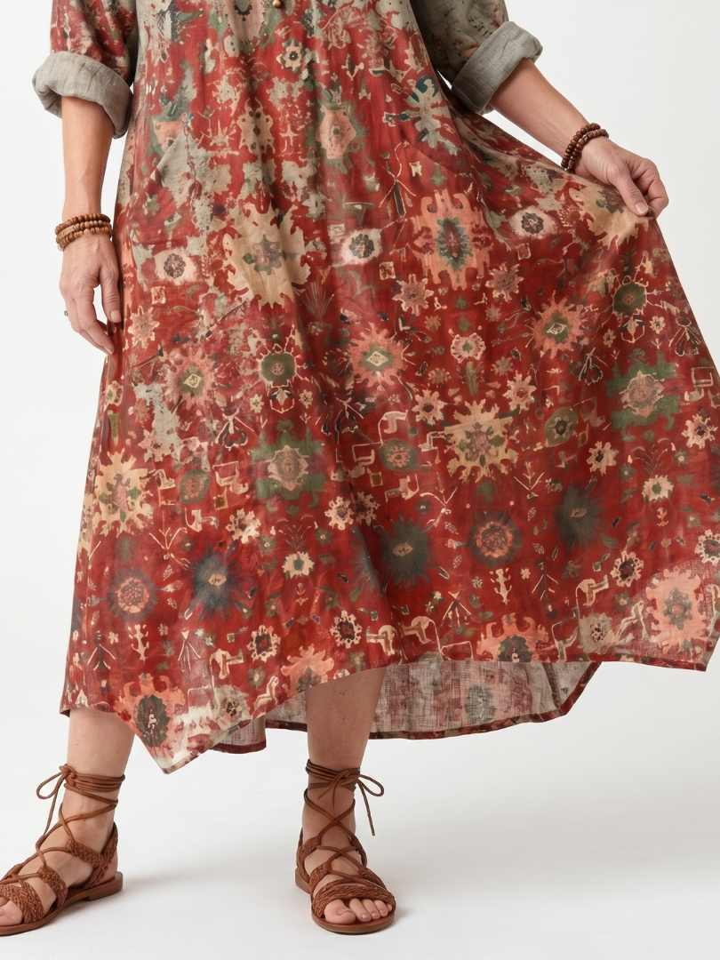 Safran | Robe Midi Relaxed à Poches et Motifs Mixtes