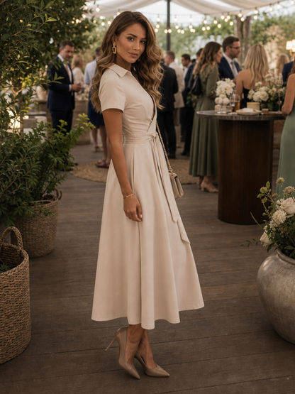 Eleq | Robe midi à manches courtes et col à nouer à la taille