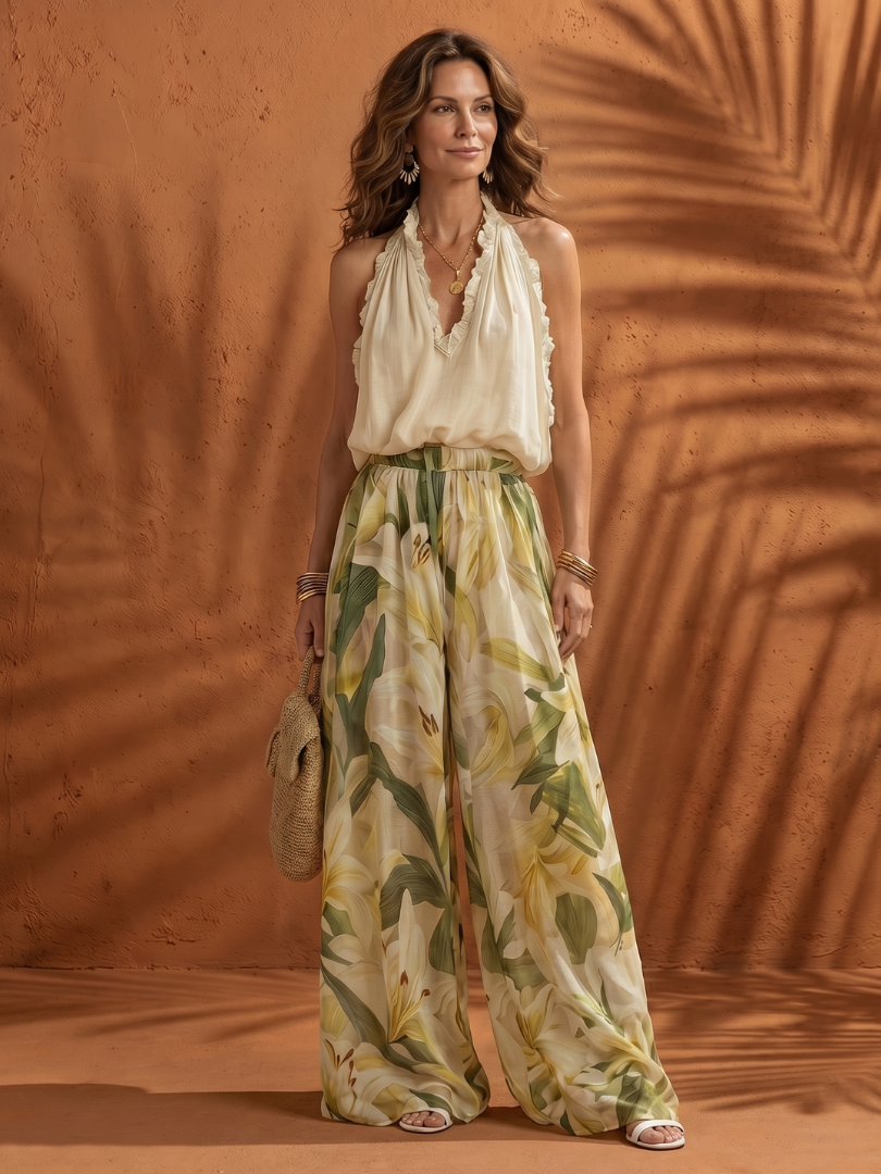Solange | Ensemble Blouse à Col Halter et Pantalon Large à Fleurs
