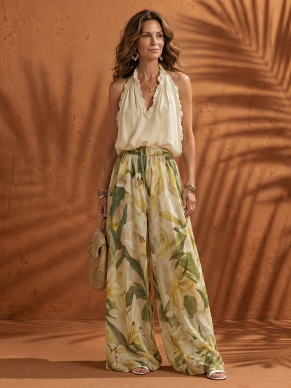 Solange | Ensemble Blouse à Col Halter et Pantalon Large à Fleurs