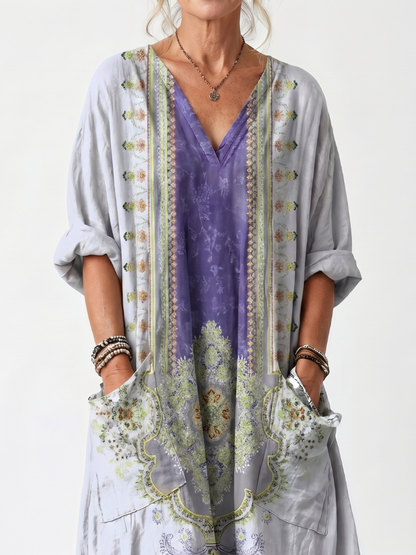 Raina | Robe midi oversized avec panneaux contrastés et broderies