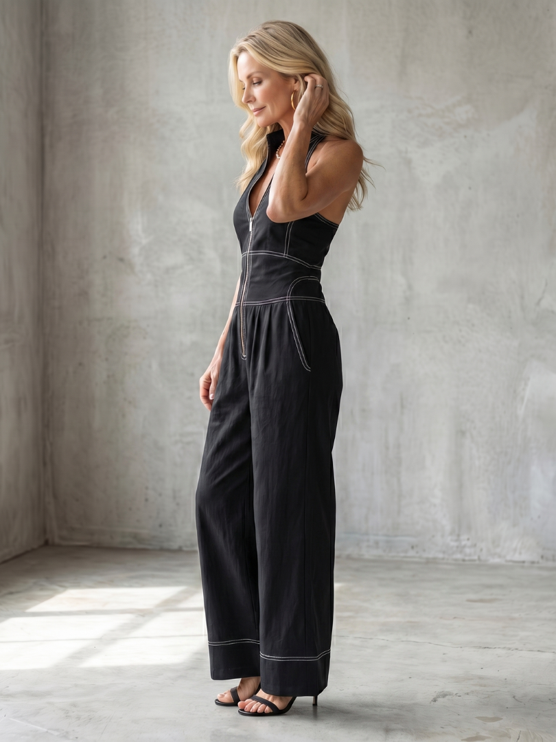 Dara | Combinaison à Zip Frontal avec Coutures Contrastées et Jambes Larges