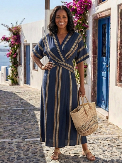 Saphira | Robe midi à rayures en V avec manches courtes