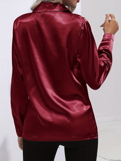 Ardeline | Blouse Satinée Femme Unie Col Revers Boutonnée Manches Longues