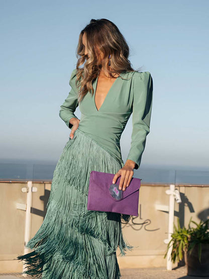 Frida | Robe midi avec franges en vert sauge