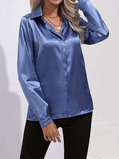 Ardeline | Blouse Satinée Femme Unie Col Revers Boutonnée Manches Longues
