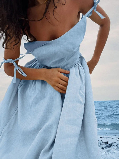 Madleine | Robe Longue d'Été en Lin - Dos Nu à Bretelles Spaghetti