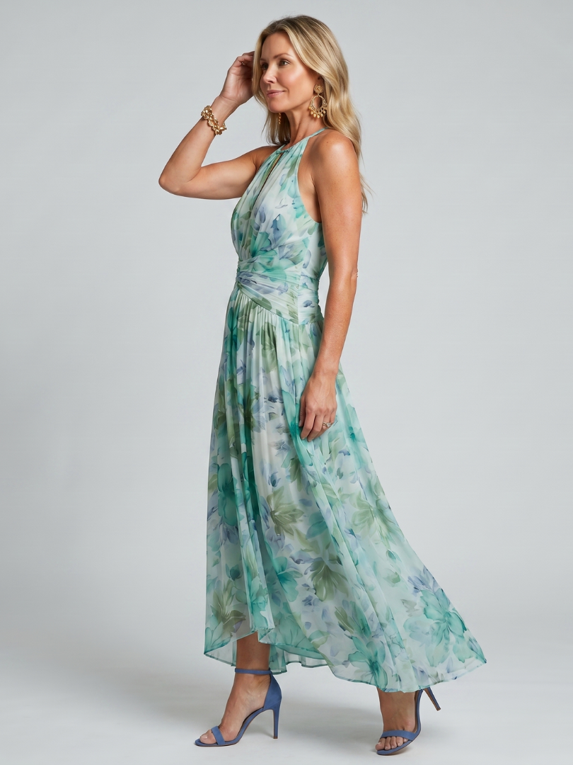 Portia | Robe Midi à Bretelles Plissées avec Motif Floral Doux