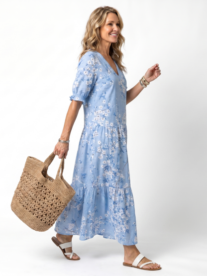 Alora | Robe Midi à Imprimé Floral avec Liens à Franges