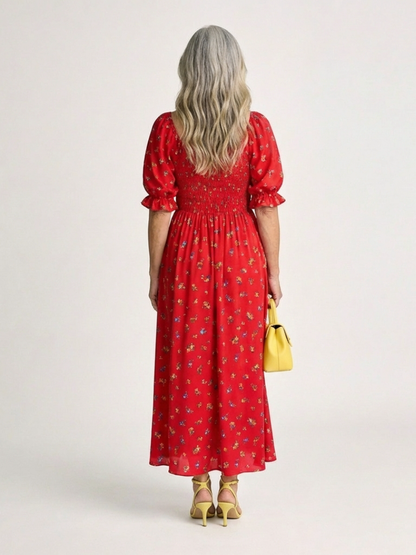 Delphine | Robe Midi à Manches Bouffantes et Décolleté Carré