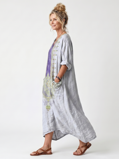 Raina | Robe midi oversized avec panneaux contrastés et broderies