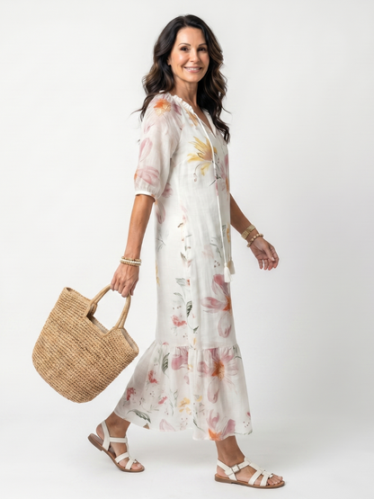 Noa | Robe Midi à Volants Florale Douce avec Franges