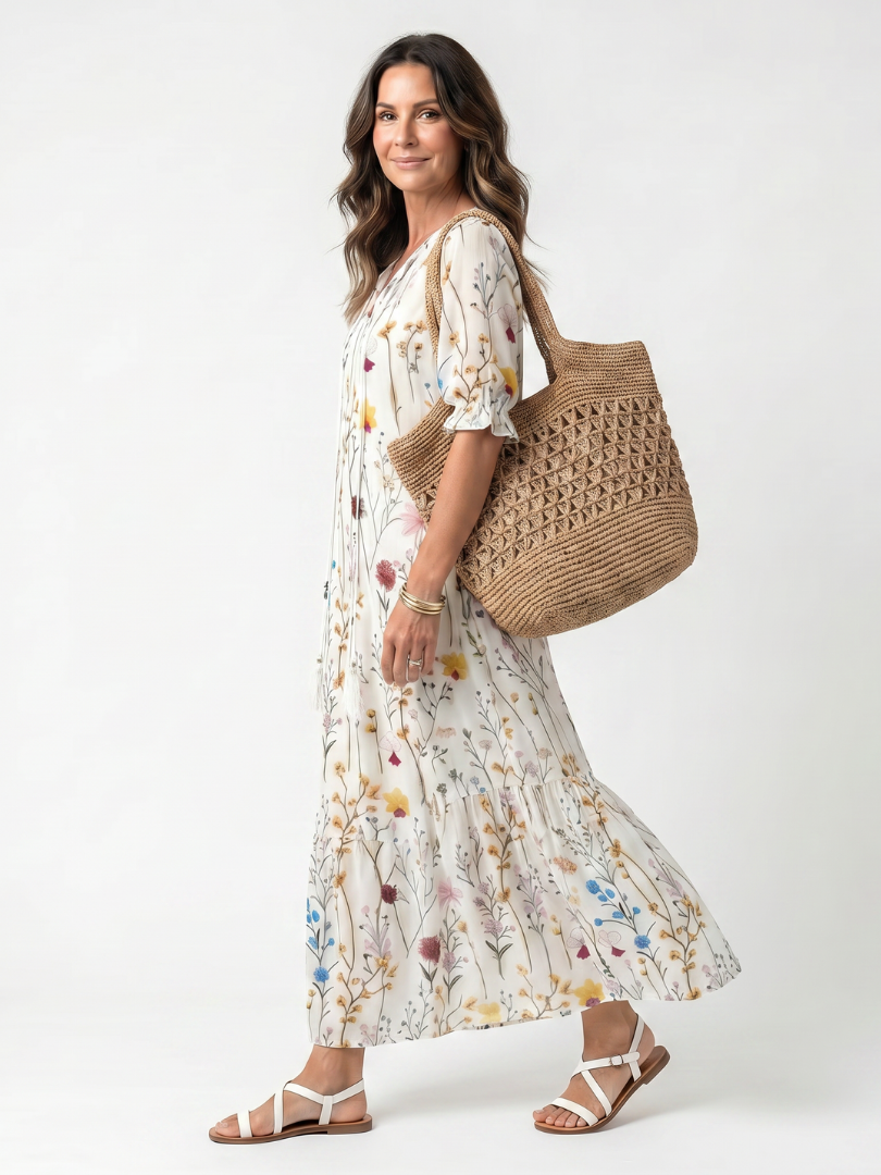 Sylvie | Robe Midi à Imprimé Botanique avec Liens à Franges